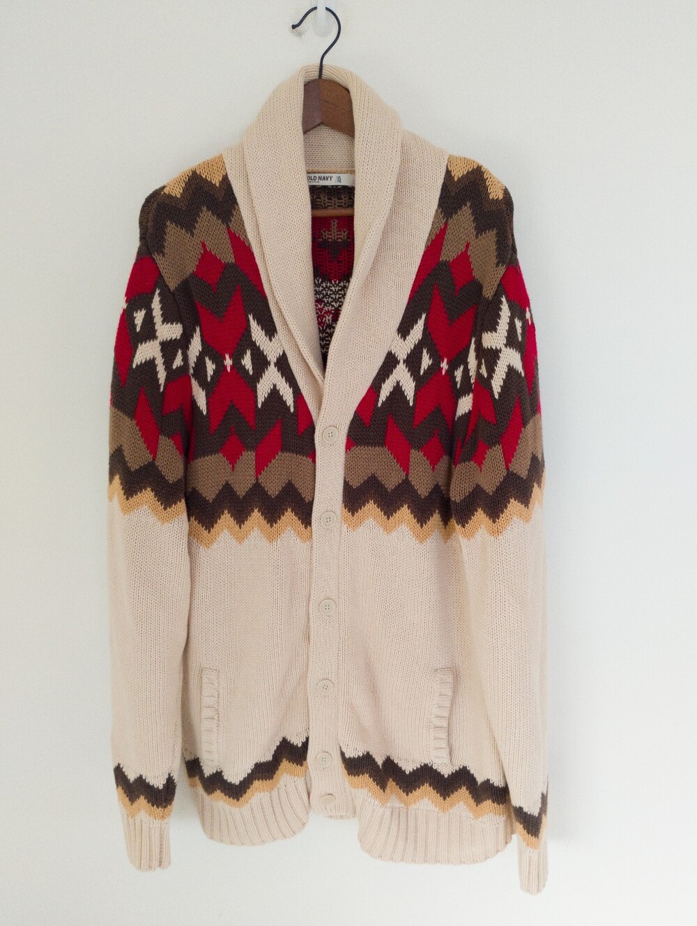 Old Navy Men XL Fair Isle Shawl Collar Cardigan Sweater Red Brown Cream Nordic